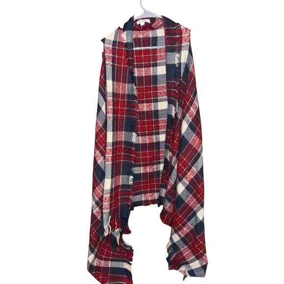 Francesca's Plaid Open Front Vest One Size Red Blue White Fringe - Picture 1 of 4